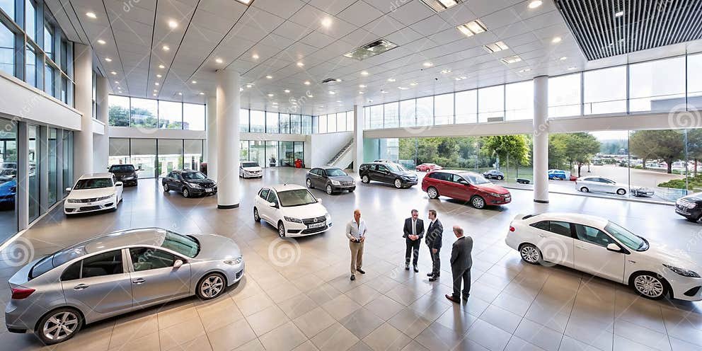Dealership showroom with customers and sales staff among new vehicles